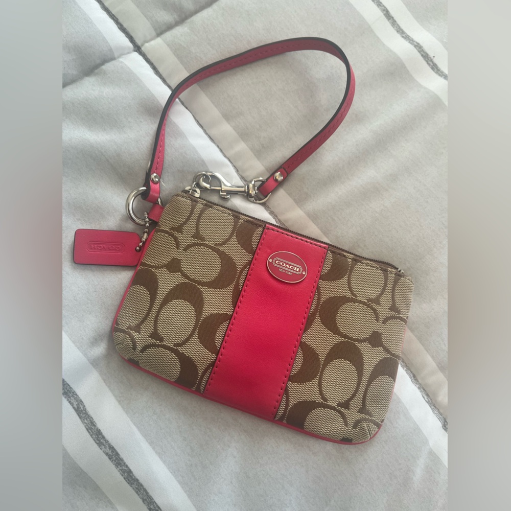 Coach Tan and Pink Signature Monogram Wristlet